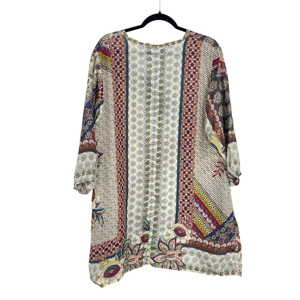 Johnny Was Women's Multi Bohemian Floral Patchwork V-Neck Silk Tunic Top Size L - Picture 2 of 7